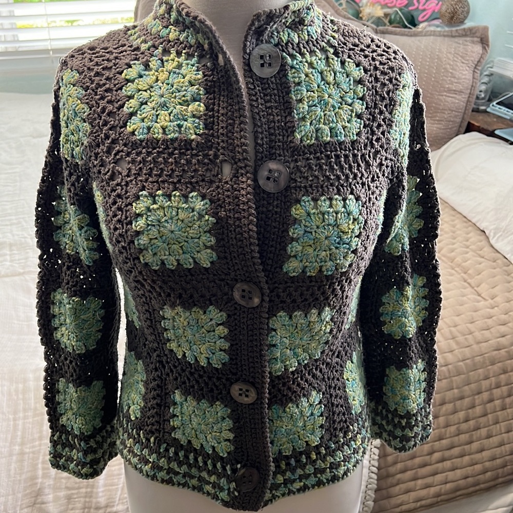 Sigrid Olsen granny Square Crochet Button Up
